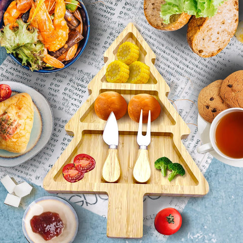 Image of Bamboo Serving Platter, Multiple Spaces Reusable Bamboo Plates, Novel Shape Charcuterie Board Set with Knife & Fork, Fruit, Bread, Salad Plate for Christmas Thanksgiving (Christmas Tree)