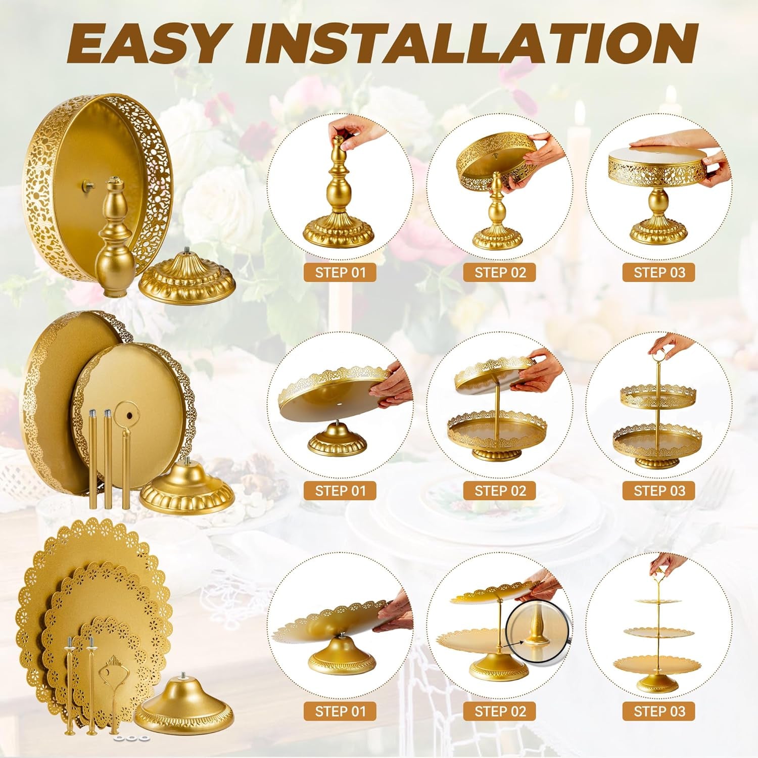 Gold Cake Stand, Metal Dessert Table Display Set Tiered Cupcake Holder Fruit Candy Donut Plate Serving Tower Tray Platter with Tong, Cake Knife and Server Set for Wedding, Birthday Party Decor 11PCS