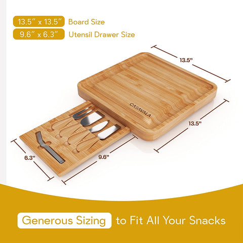 Image of Bamboo Cheese Board Set - Includes 4 Cheese Knives & 10 Cheese Forks- Charcuterie Board Set, Fruit, Cured Meat Serving Platter with Drawer- Ideal for Parties & Events