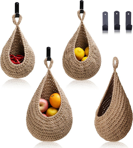 Image of Hanging Fruit Basket Set of 3, Boho Wall Hanging Storage Jute Basket for Organizing & Decor, Handmade Teardrop Hammock Holder for Onion Fruit Vegetable in Home & Restaurant Kitchen with Hooks