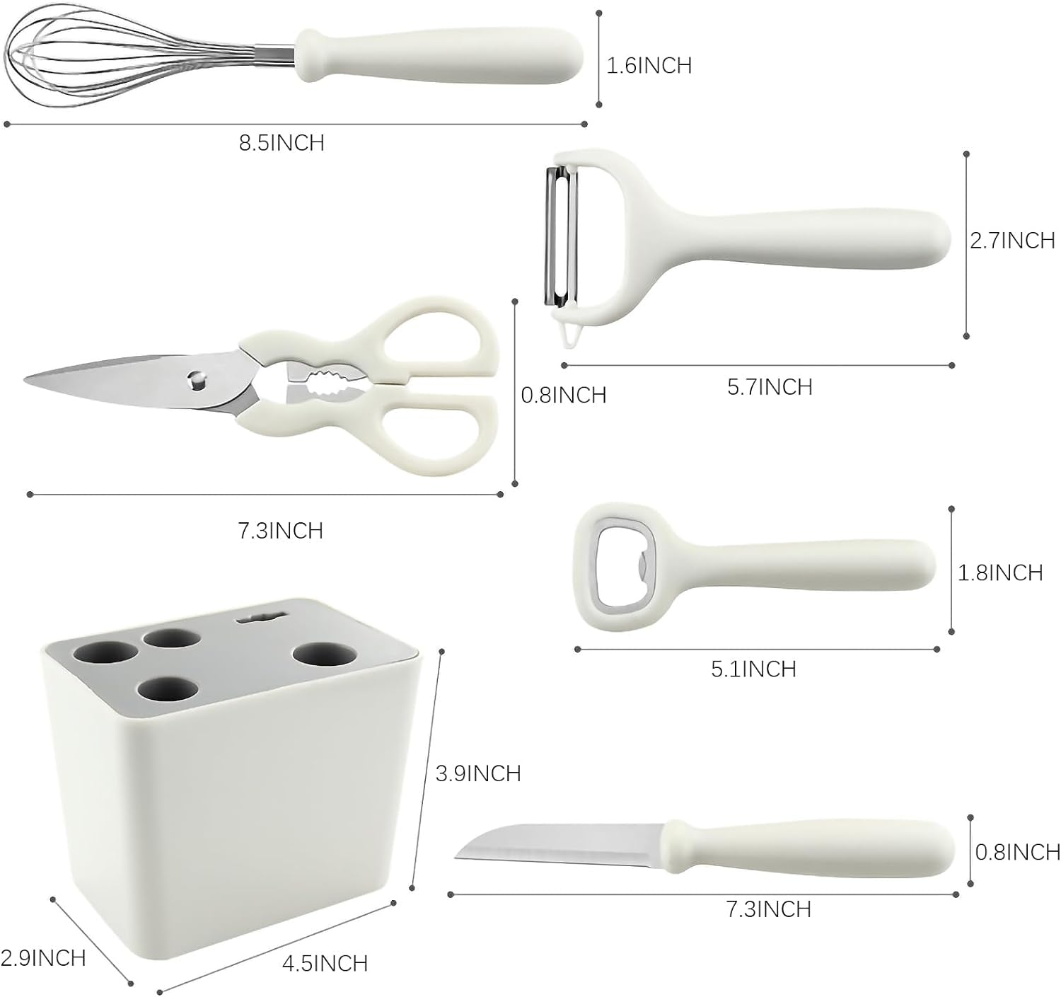 6-Pieces Kitchen Pre-Cooking Tool Set Including Storage Case, Scissors, Bottle Opener, Fruit Peeler, Fuit Knife, Ballon Whisk, Space Saving Kitchen Gadget Set with Holder, Housewarming Gift