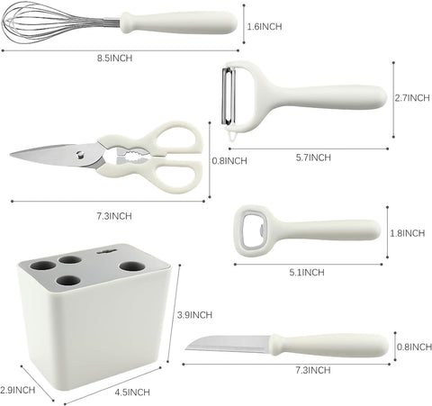 Image of 6-Pieces Kitchen Pre-Cooking Tool Set Including Storage Case, Scissors, Bottle Opener, Fruit Peeler, Fuit Knife, Ballon Whisk, Space Saving Kitchen Gadget Set with Holder, Housewarming Gift