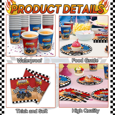 Image of 192Pcs Monster Large Truck Birthday Party Supplies Serves 24 Monster Large Truck Plates Napkins Knives Forks Spoons Straws Monster Large Truck Birthday Decorations Truck Party Favors for Kids
