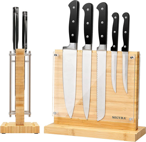 Image of Magnetic Knife Block Double Side Knife Holder Bamboo Knife Stand for Kitchen Cutlery Display Rack and Organizer with Acrylic Shield Double Side Storage Strongly Magnetic without Knives,10 Inch