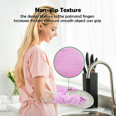 Image of Reusable Rubber Gloves for Dishwashing Cleaning, Non-Slip Cotton Lining Washing Glove Kitchen Waterproof Household Gloves