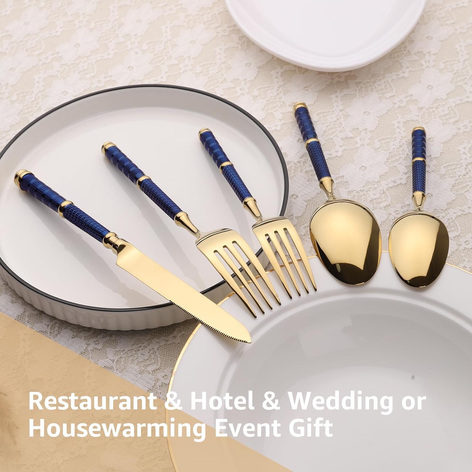5Pcs 18/10 Stainless Steel Silverware Set Forged Manual Polishing Flatware Set Titanium Plated with Luxury Domee Handle Dishwasher Safe Home Hotel Restaurant Use Wedding Housewarming Gift Gold Blue