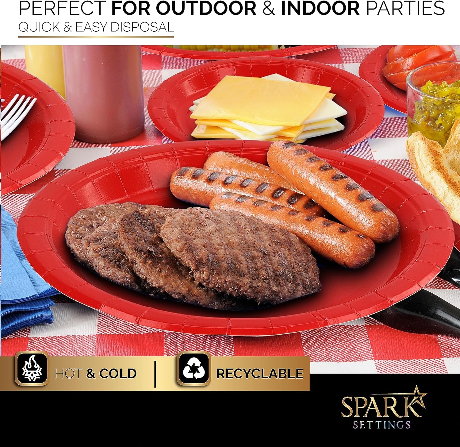 Red Party Supplies Set Paper Plates Plastic Cups Forks Knives Spoons Napkins Tablecloth Serves 20 Guests Disposable Dinnerware Set of 222 Pieces, Complete Tableware for Party - by