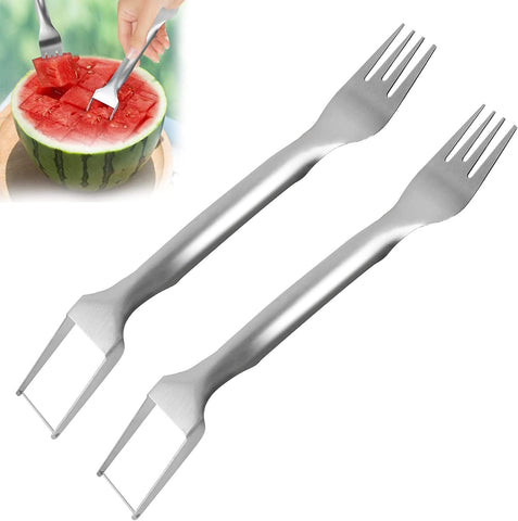 Image of 2Pcs 2-In-1 Watermelon Fork Slicer, Watermelon Slicer Cutter Stainless Steel Fruit Forks Slicer Tool for Summer Family Parties Camping Watermelon Cutting Artifact