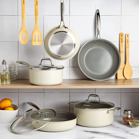 Image of Ceramic Nonstick Pots and Pans Set, Titanium-Reinforced Premium Nonstick Coating, Dishwasher Safe Pots and Pans, Tempered Glass Steam Vented Lids, Stainless Steel Handles, 12-Piece, Cream