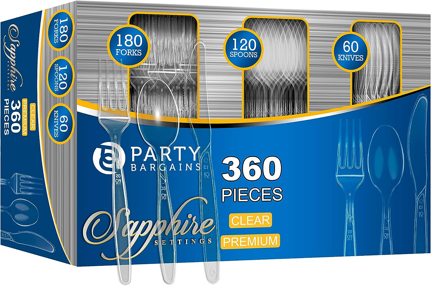 Disposable Cutlery Set, SAPPHIRE Design, Clear Color, 360 Pieces: 180 Forks, 120 Spoons, 60 Knives