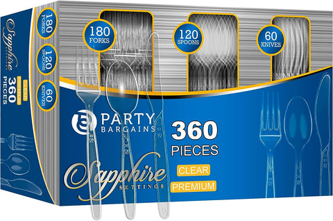 Image of Disposable Cutlery Set, SAPPHIRE Design, Clear Color, 360 Pieces: 180 Forks, 120 Spoons, 60 Knives