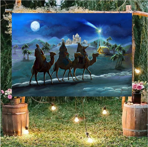 Image of Photography Background Christmas Night Nativity Manger Nativity Scene Desert Manger Background Shepherds Kings Sheep Photography Backdrops Photostudio 7×5 Feet