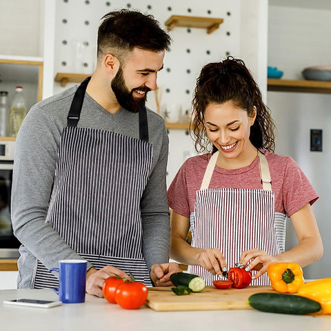 Image of 2 Pack Apron, Cotton Cooking Kitchen Aprons, Adjustable Bib Apron with 2 Pockets for Men Women Chef Aprons,(Black/Brown Stripes)