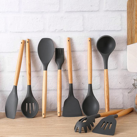 Image of Silicone Cooking Utensils Kitchen Utensil Set, 12 PCS Wooden Handle Nontoxic BPA Free Silicone Spoon Spatula Turner Tongs Kitchen Gadgets Utensil Set for Nonstick Cookware with Holder