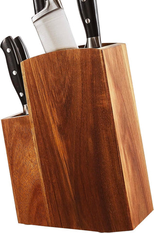Image of Universal Knife Holder, Acacia Wood Knife Block without Knives, Two-Tier Knife Storage Stand with PP Brush, Extra Large Multifunctional Wooden Knife Organizer, Knife Rack for Kitchen Counter