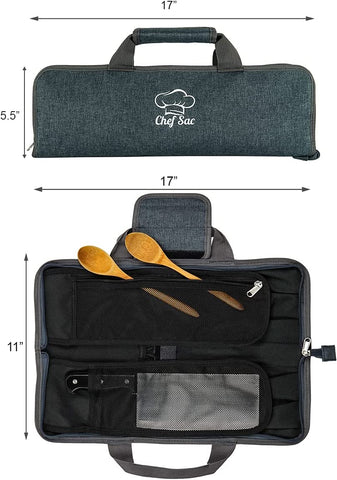 Image of Chef Knife Roll Bag Travel Case | 8 Pockets for Knives & Tools | 2 Flaps with Cleaver & Mesh Pocket | Honing Rod Slot | Chef Knife Case for Professional & Students | Knives Not Included (Denim Grey)