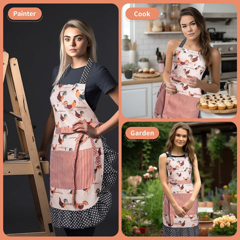 Image of Lovely Flower Pattern Retro Aprons with Large Pockets for Women Girls Cooking Kitchen Bakery Mother'S Gift