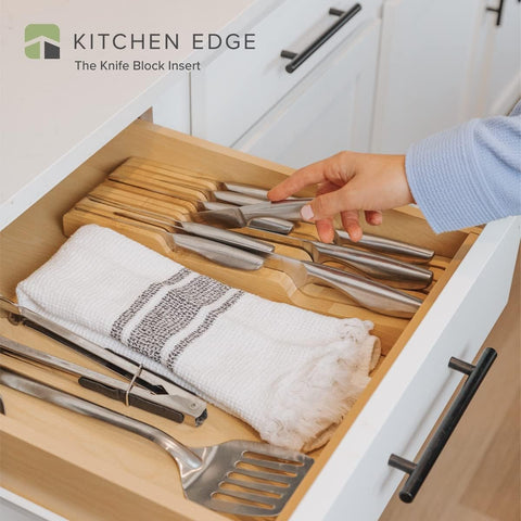 Image of Bamboo Kitchen Knife Block Holder Organizer - Holds 5 Long + 6 Short Knives (Not Included), Fits Most Knife Sizes, Rubber Feet, Sustainable Bamboo, In-Drawer Design