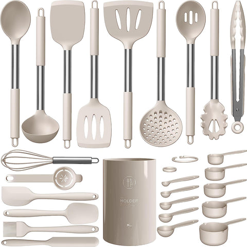 Image of Large Silicone Cooking Utensils Set - Heat Resistant Kitchen Utensils,Turner Tongs,Spatula,Spoon,Brush,Whisk,Stainless Steel Silicone Cooking Tool for Nonstick Cookware,Dishwasher Safe (Khaki)