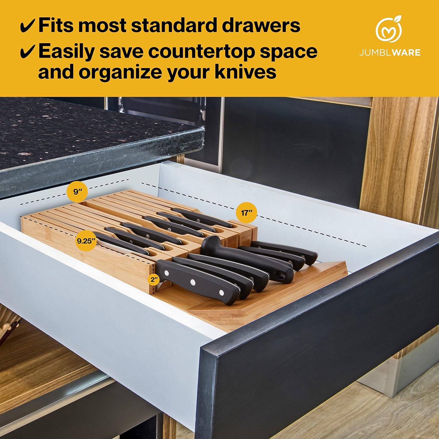 Bamboo In-Drawer Knife Block Wooden Organizer & Cutlery Holder Insert for inside Drawer, Cabinet or Counter Universal Dock Fits 16 Steak Knives & Sharpener Great Kitchen Gadget Gift