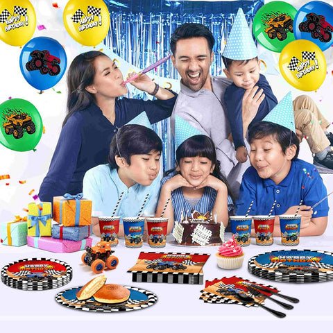 Image of 192Pcs Monster Large Truck Birthday Party Supplies Serves 24 Monster Large Truck Plates Napkins Knives Forks Spoons Straws Monster Large Truck Birthday Decorations Truck Party Favors for Kids
