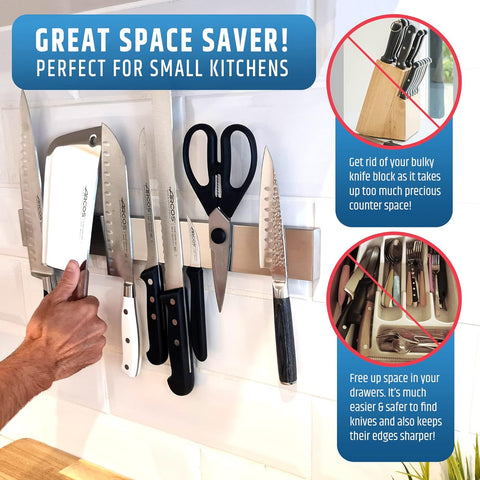 Image of Strong Adhesive (No Drill) Magnetic Knife Holder for Wall - Professional 17 Inch Knife Strip - No Screws Needed - Adhesive Backing - Stainless Steel Knife Bar (Upgraded Version β Will Not Fall)