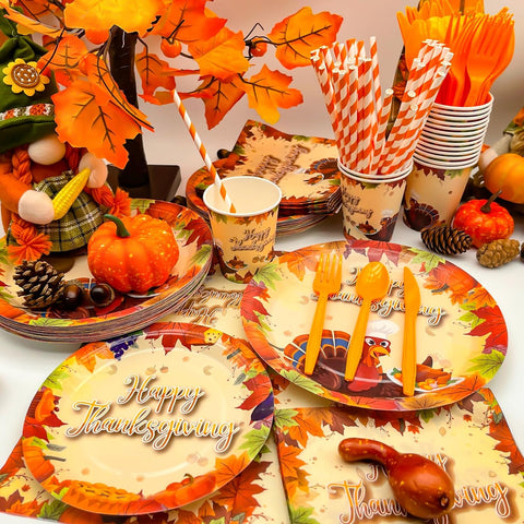 Image of 240Pcs Thanksgiving Party Supplies Disposable Dinnerware Set Include Paper Plates Dessert Plates Napkins Forks Knives Spoon Cups Straws Turkey Themed Thanksgiving Dinner Decorations,Serves 30