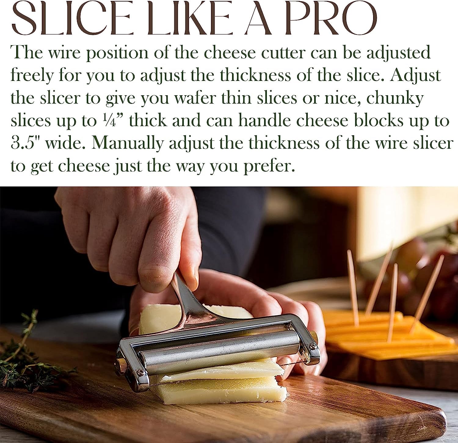 Stainless Steel Wire Cheese Slicer - Hand Held Cheese Cutter for Cheddar, Gruyere, Raclette, Mozzarella Cheese Block, Adjustable Cheese Shaver, Thick & Thin Slicer, Cheese Curler (Silver)