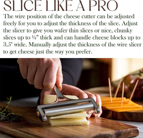 Image of Stainless Steel Wire Cheese Slicer - Hand Held Cheese Cutter for Cheddar, Gruyere, Raclette, Mozzarella Cheese Block, Adjustable Cheese Shaver, Thick & Thin Slicer, Cheese Curler (Silver)