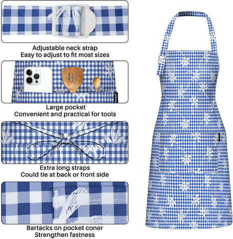 Image of Kitchen Cooking Apron, Adjustable Bib Chef Aprons for Women/Men, 100% Cotton Apron for Restaurant Cafe Shop, Gingham Check