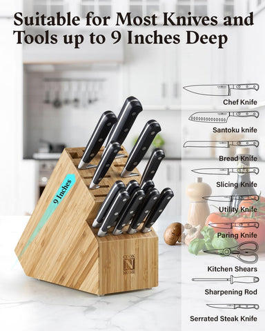 Image of Bamboo Knife Storage Block without Knives, 20 Slot Universal Knife Holder Countertop Butcher Block Knife Stand for Easy Kitchen Storage