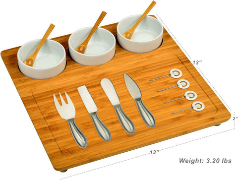 Image of Bamboo Cheese Board/Charcuterie Platter - Includes 3 Ceramic Bowls, Bamboo Spoons, Stainless Steel Cheese Tools, Cheese Markers - Designed and Quality Checked in the USA