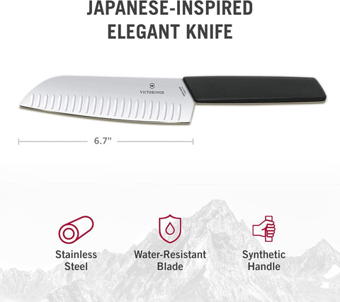 Image of 6.9053.17KB Swiss Modern Santoku Knife for General-Purpose Slicing, Dicing, Mincing, and Everything in between Fluted Edge Blade in Black, 6.7 Inches