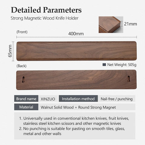 Image of Walnut Wood Knife Magnetic Strips 16 Inch, Double Row round Magnets Magnetic Knife Holder for Wall -Magnetic Knife Bar- Works with Kinds of Kitchen Tools -Space Saver Knife Rack