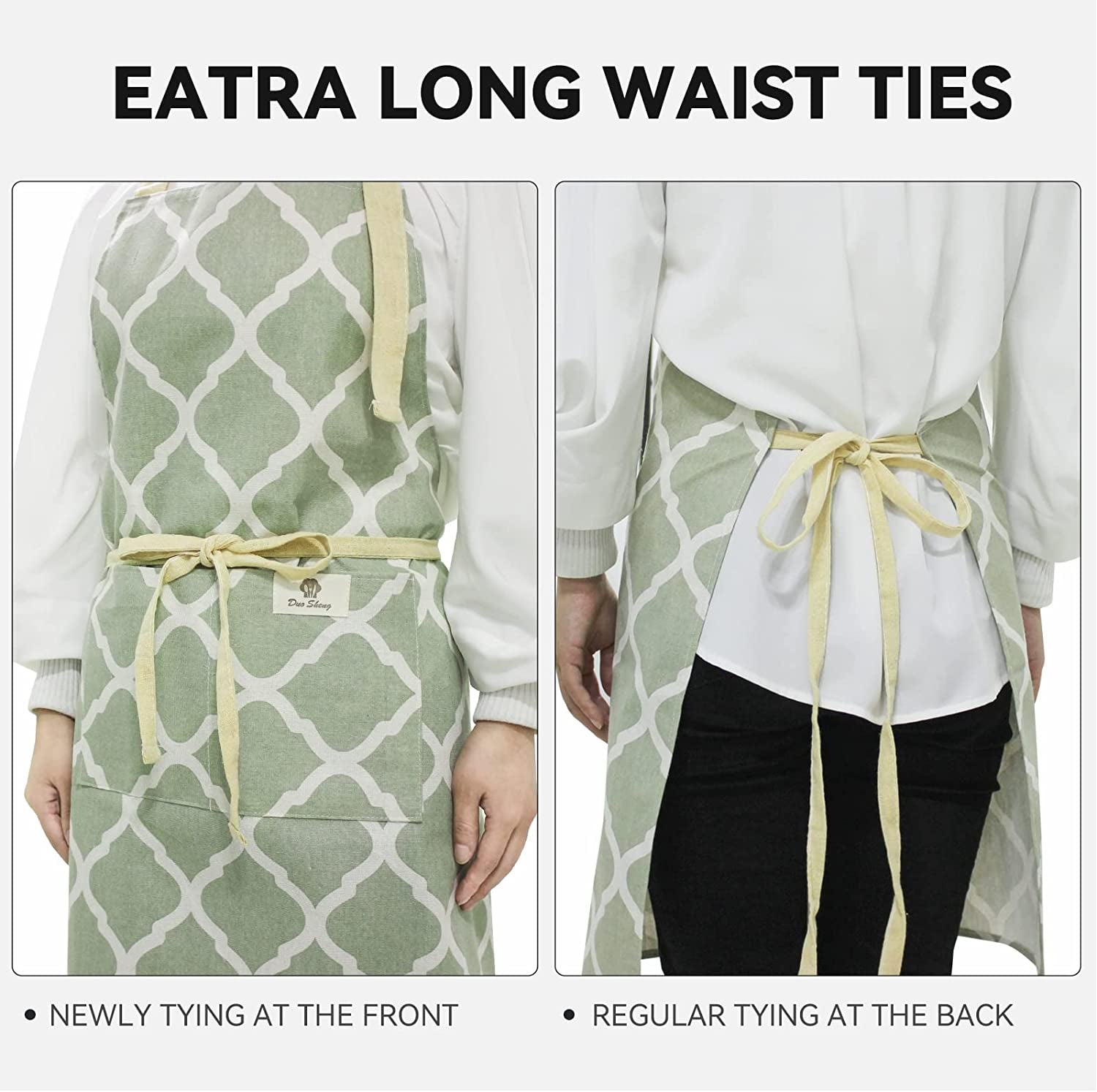 2 Pieces Aprons for Women with Pockets, Cotton Linen Waterproof Kitchen Cooking Aprons, Chef Apronfor Men Women with Adjustable Neck Strap and Long Ties(Grey/Green)