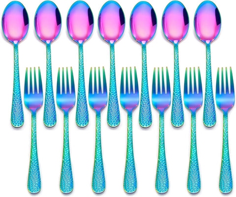 Image of 14-Piece Kids Silverware Set, Rainbow Toddler Utensils Flatware Set, Stainless Steel Child Preschooler Cutlery Set, Includes 7 Kids Spoons, 7 Kids Forks, Dishwasher Safe