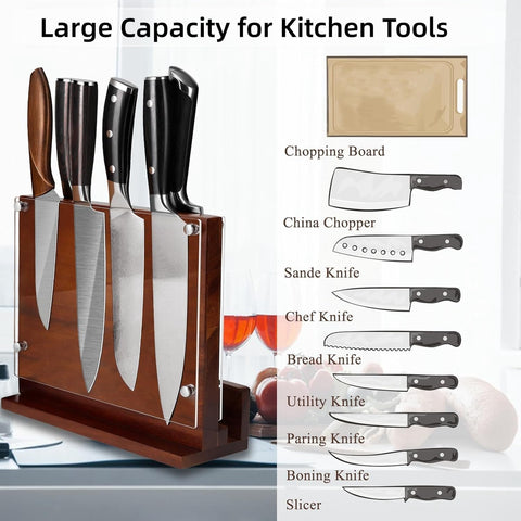Image of Kitchen Magnetic Knife Block with Acrylic Shield Acacia Wood Double Side Knife Holder Rack Stands with Strong Enhanced Magnets Multifunctional Storage Knife Stand for Kitchen Cutlery Display Organizer