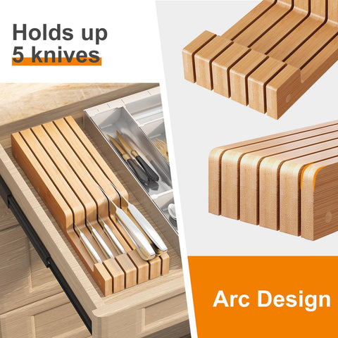 Image of In-Drawer Knife Organizer Bamboo Knife Block, Drawer Knife Storage Steak Knife Holder without Knives,Holds up to 5 Knives(Not Include)