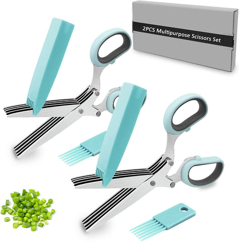 Image of 2 Pcs Herb Scissors, Multi-Blade Herb Scissors with Cover and Cleaning Comb, Stainless Steel Vegetable Scissors for Cutting Cilantro Onion Salad Garden Herbs, Heavy Kitchen Scissors (Green) (Blue)