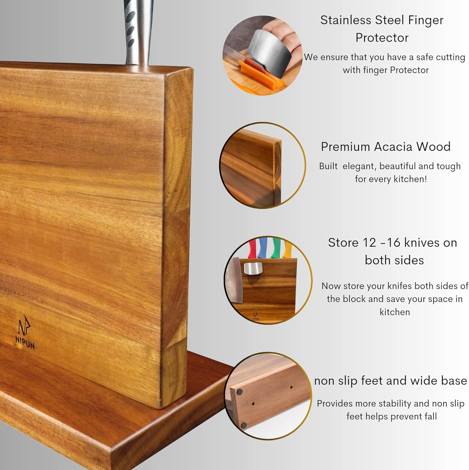 Magnetic Knife Block - Double Sided 12 X 10 Inches Knife Block with Finger Guard - Acacia Wood Knife Holder for Kitchen Counter - Strong Enhanced Magnets in Magnetic Knife Holder Stand