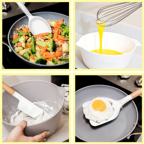 Image of White Silicone Cooking Utensils, White Kitchen Utensils, White Cooking Utensils Set | Silicone Spatula, Tongs, Ladle, Serving Spoons-Non-Stick, BPA Free Kitchen Utensils Set with Holder - 11 Pc