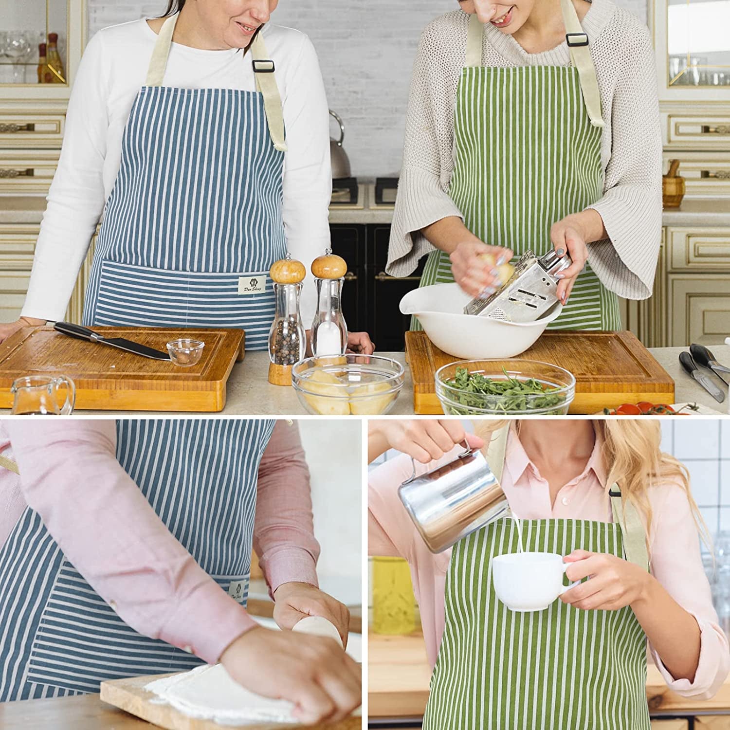 2 Pack Waterproof Cooking Apron for Women with Pocket Adjustable Chef Aprons for Kitchen, Cooking, Baking, BBQ, Grill(Blue/Green)