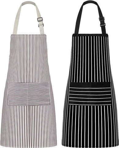 Image of Kitchen Cooking Apron, 2 Pack Adjustable Bib Chef Aprons for Women Men with 2 Pockets, L-Black/Brown Stripes