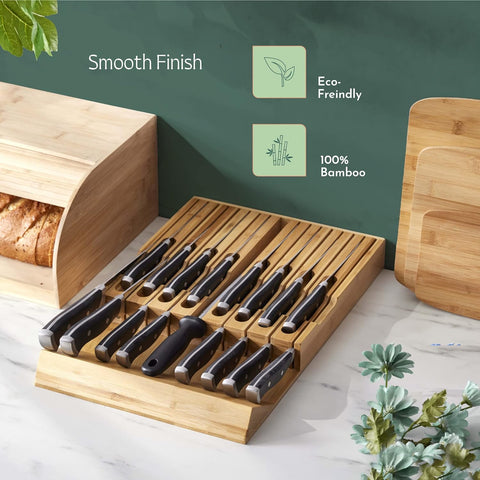 Image of High-Grade 100% Bamboo Knife Drawer Organizer - 16 Knife Slots plus a Sharpener Slot, Knife Organizer for Kitchen Organization, Durable, Secured, Practical, Eco-Friendly, Knife Block without Knives.