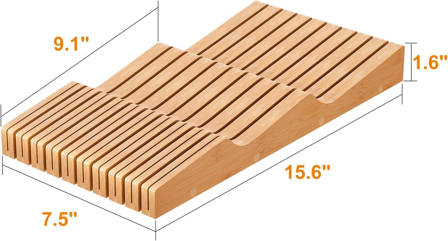 Bamboo Knife Block Holder, In-Drawer Knife Drawer Organizer-Protecting Knife Organizer Block Holds up to 19 Knives(Not Included)