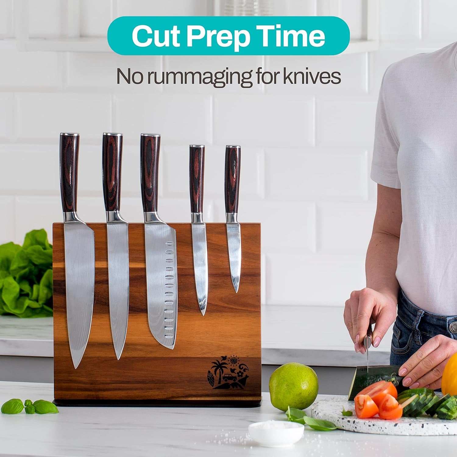 Magnetic Knife Block Holder Rack - Acacia Wood Cutlery Storage for 12 Knives Double Sided Magnets & Non-Slip Base - Knives Not Included