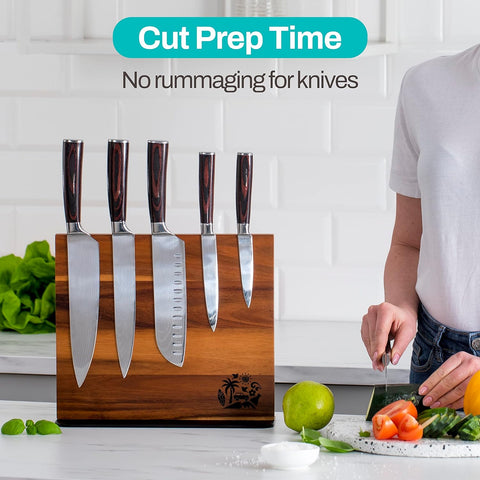 Image of Magnetic Knife Block Holder Rack - Acacia Wood Cutlery Storage for 12 Knives Double Sided Magnets & Non-Slip Base - Knives Not Included