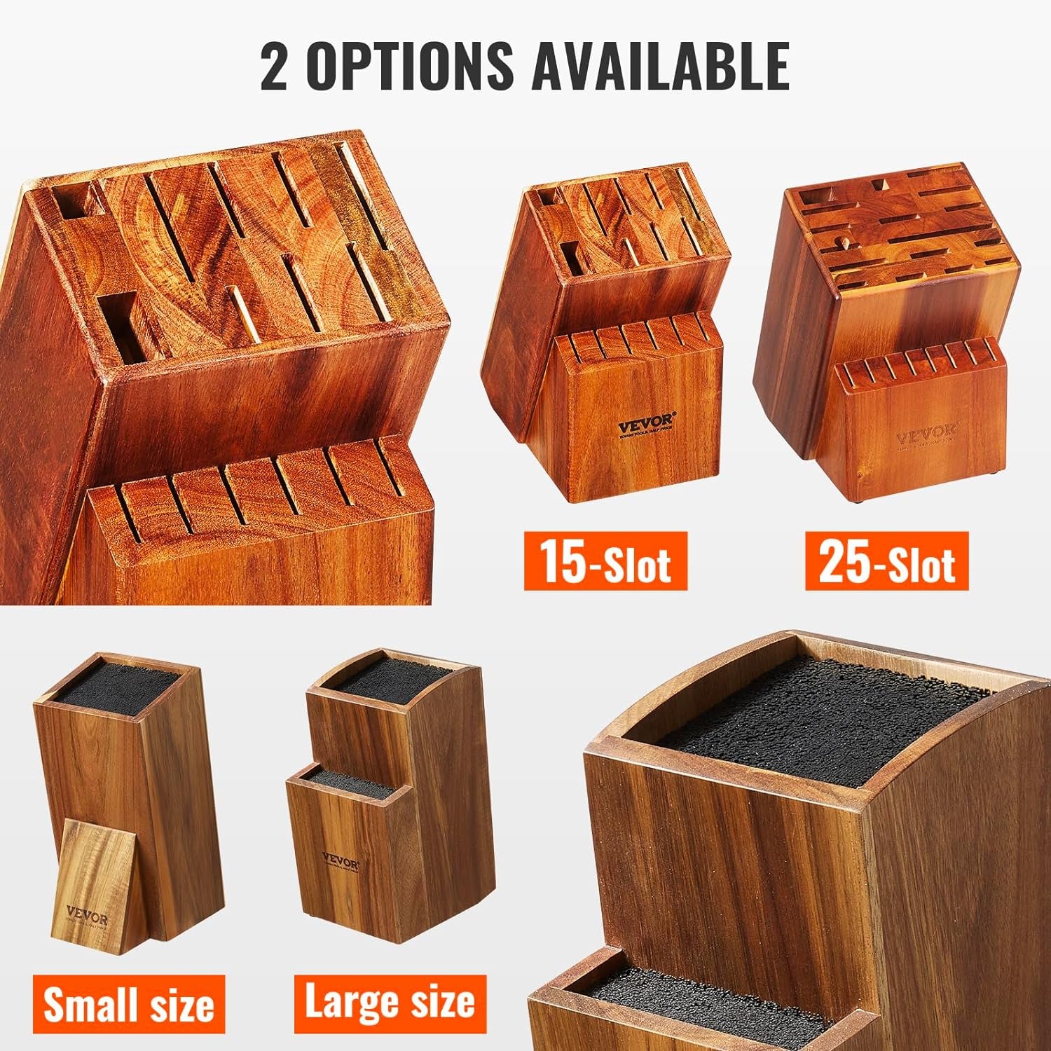 Knife Storage Block 15 Slots, Acacia Wood Universal Knife Holders without Knives, Large Countertop Butcher Block Knife Organizer, Multifunctional Knife Rack Stand for Easy Kitchen Storage