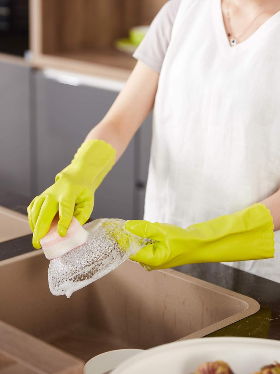 LANON Wahoo Skin-Friendly Cleaning Gloves, Dishwashing Kitchen Gloves with Cotton Flocked Liner, Reusable, Non-Slip, Bud Tender, Medium