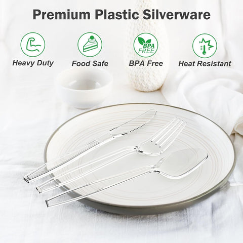 Image of 360 Count Extra Heavy Duty Clear Plastic Silverware, 150 Forks, 150 Spoons, 60 Knives, Bpa-Free, Heat Resistant, Disposable Plastic Utensils Set, Plastic Cutlery Set, Plasticware Bulk for Party